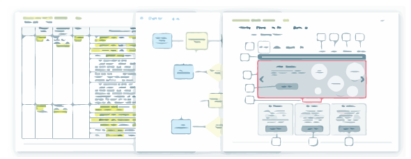 a blurred thumbnail of three documents showing wire frames, flow charts and tables with element descriptions